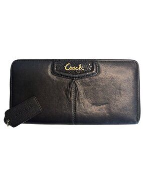Coach Black Leather Zip Around Wallet Gold Tone Logo Hangtag